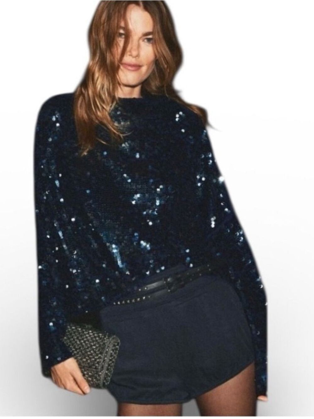 Anthropologie Pilcro Alani Mock Neck Navy Cashmere Sweater Sequin Edition XL - Picture 8 of 8